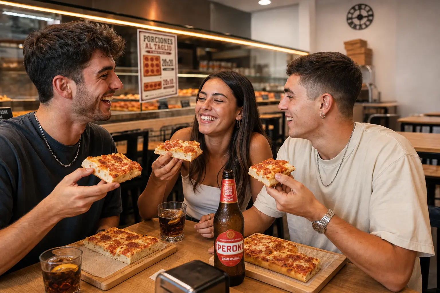 3-4 jóvenes chicos y chicas, look actual mediterráneo riendo y compartiendo porciones de pizza al taglio