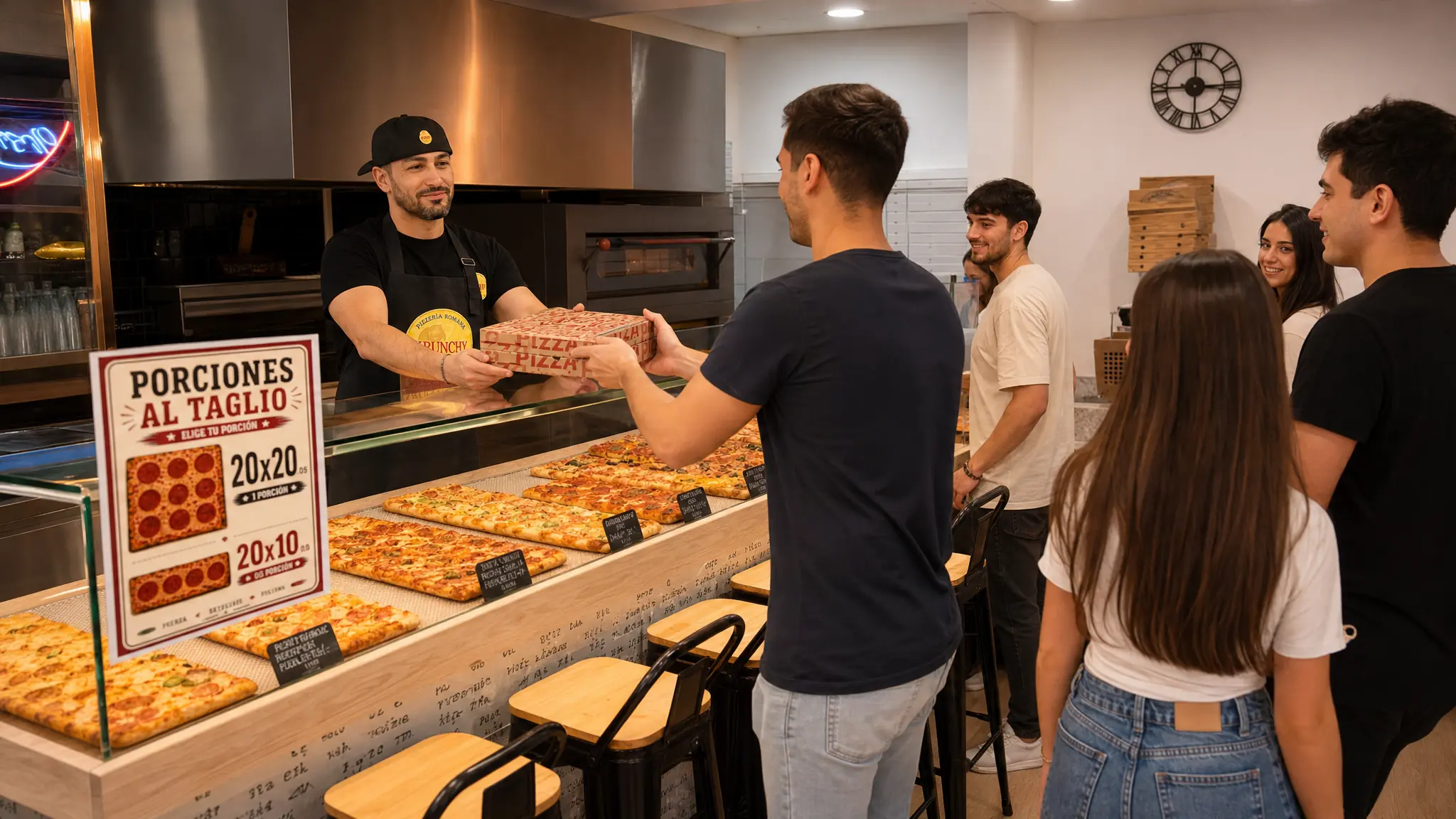 Clientes esperando en el mostrador de Pizzería Krunchy mientras un camarero entrega una caja de pizza al taglio