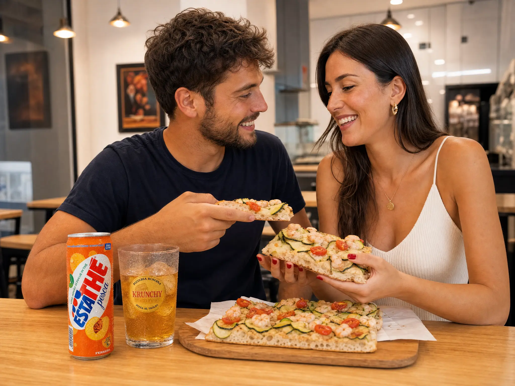 Pareja joven disfrutando de pizza al taglio con gambas y calabacín en Pizzería Krunchy, pizzería romana en España